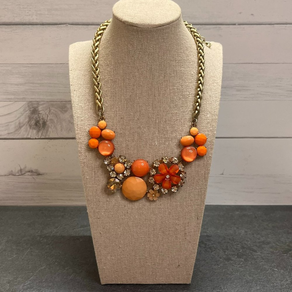 Asymmetrical Orange and Crystal Bib Necklace